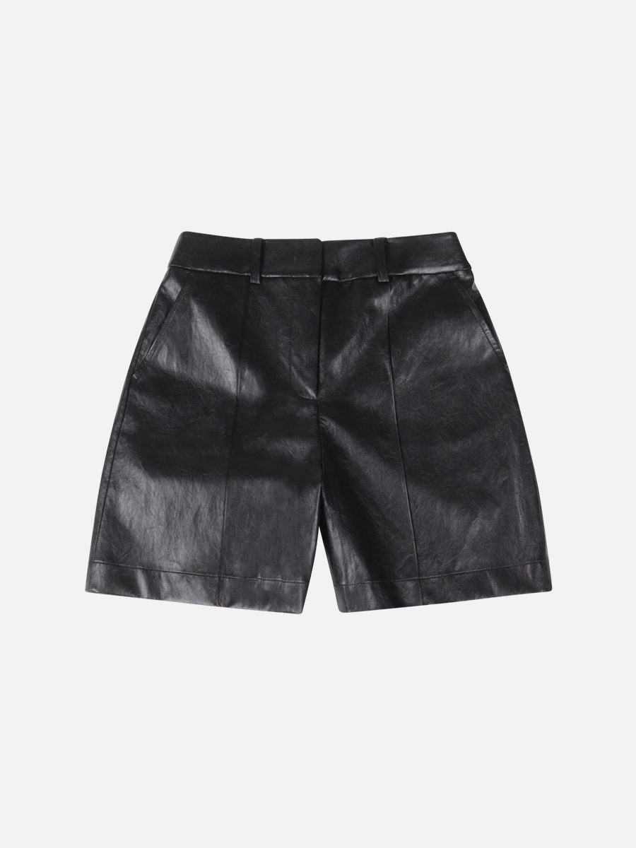 Vegan Leather Bermuda Pants-BLACK
