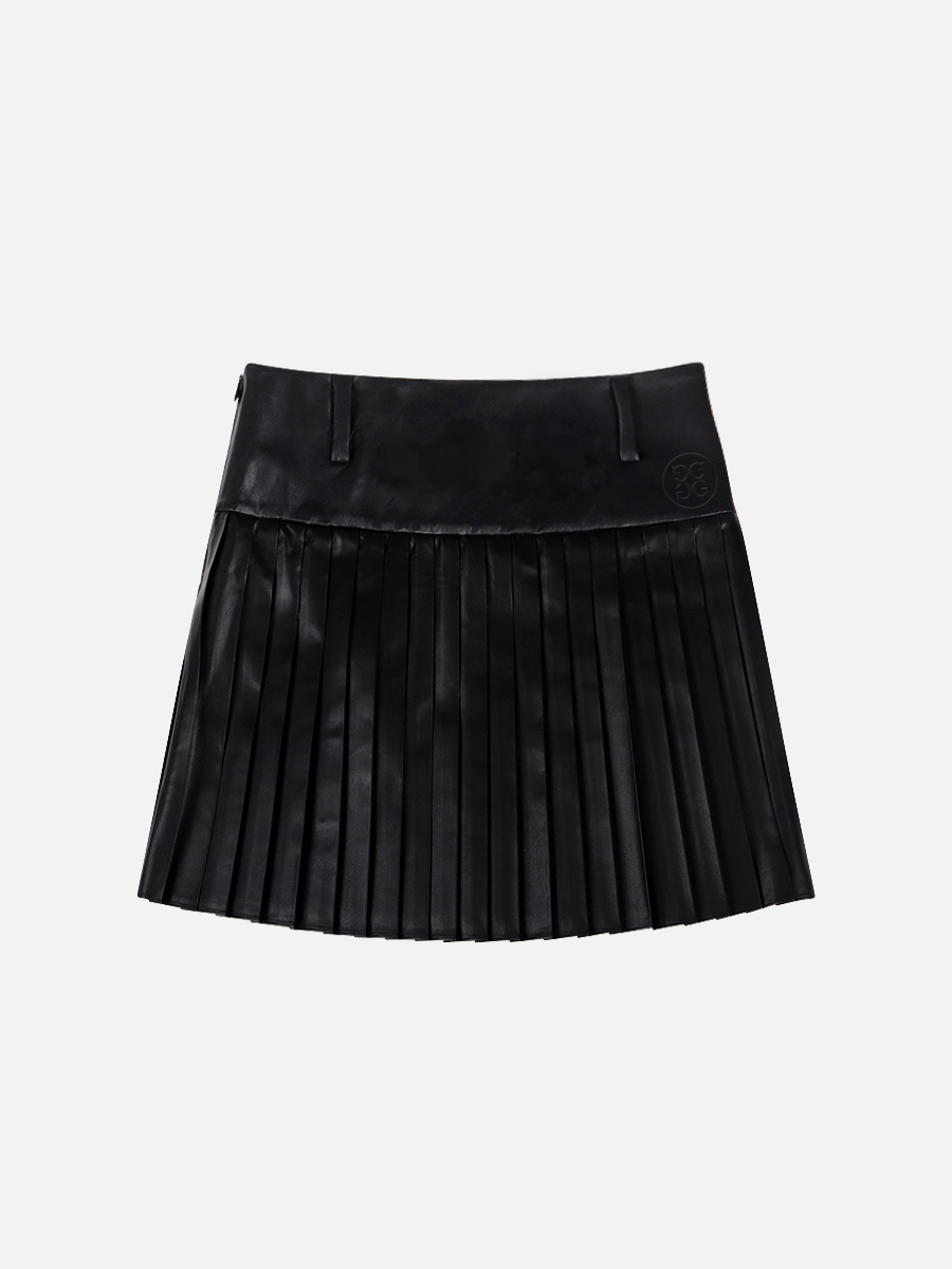 Vegan Leather Pleat Skirt-BLACK