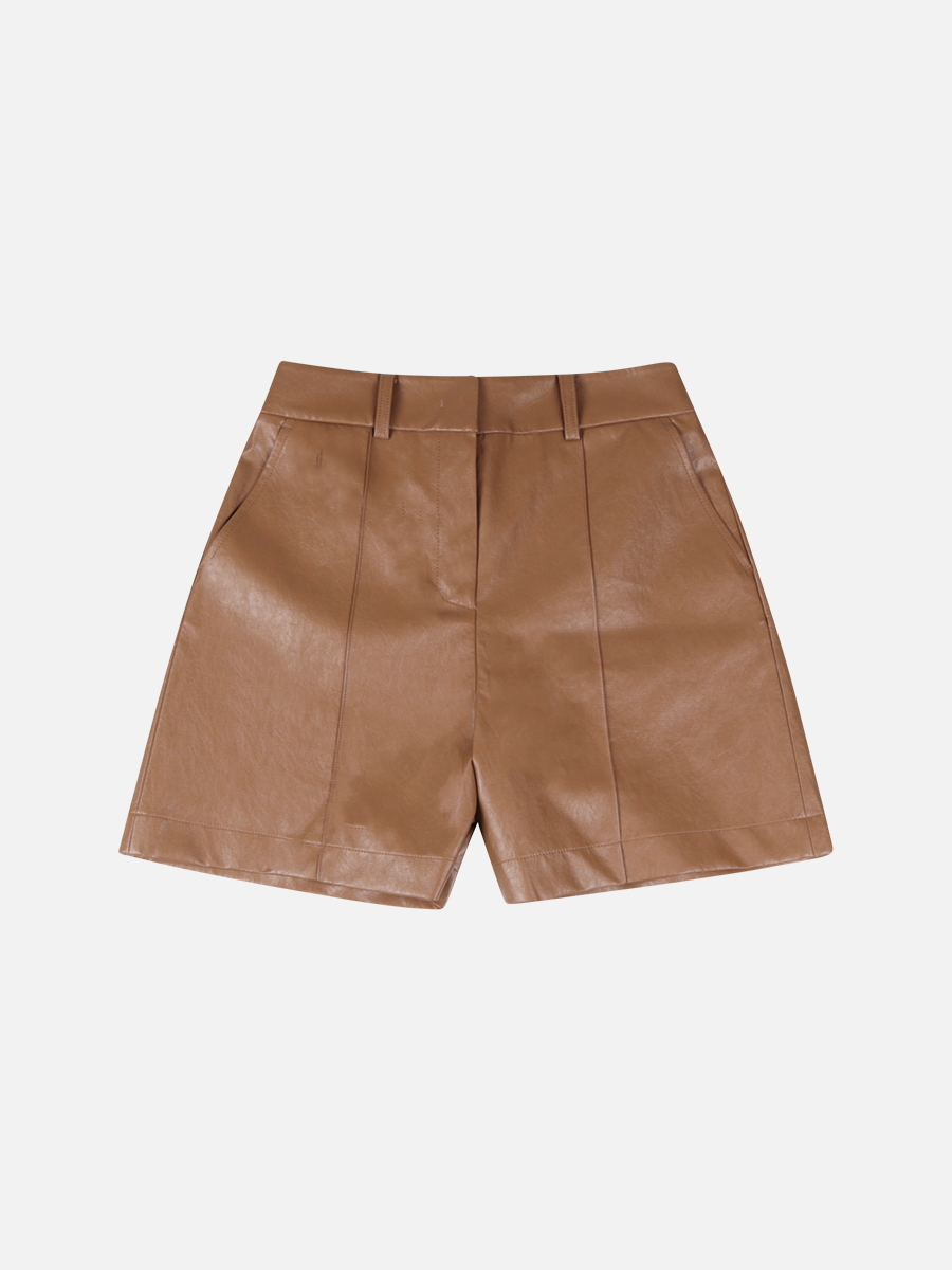 Vegan Leather Bermuda Pants-BROWN